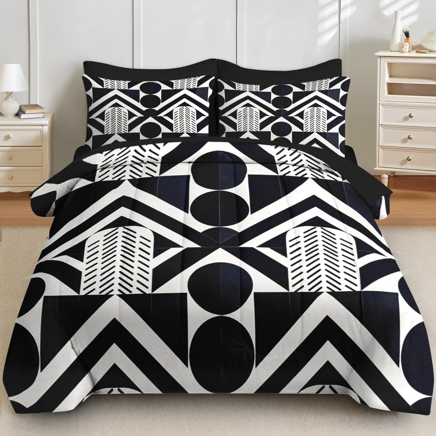 Boewywh Comforter Set Twin Size Geometric Modern Abstract 7 Pcs, Bedding for Kids and Adults, Black White Bed Sheet Sets with Fitted Sheet 2 Pillowcases & 2 Shams for Bedroom Bed Decor