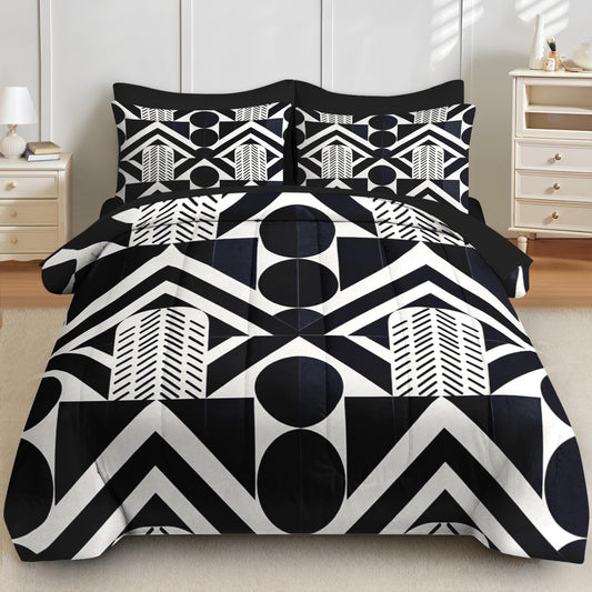 Boewywh Comforter Set Twin Size Geometric Modern Abstract 7 Pcs, Bedding for Kids and Adults, Black White Bed Sheet Sets with Fitted Sheet 2 Pillowcases & 2 Shams for Bedroom Bed Decor