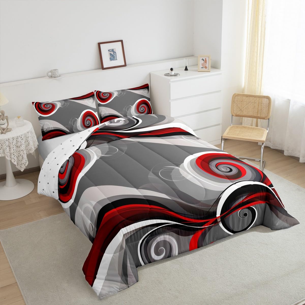 Feelyou Gray Black Red Swirl Bedding Set Kids Geometric Stripe Comforter Set Boys Girls Trippy Circle Decor Comforter Farmhouse Abstract Artwork Duvet Set Bedroom Quilted Set Queen Size