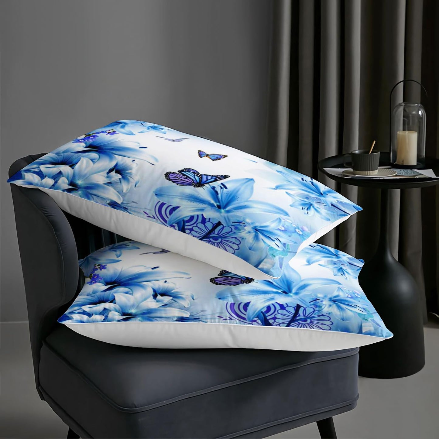 AILONEN Beautiful Butterfly Comforter Set Full Size, Blue Floral Butterfly Bedding Set for Kids Girls Women Room Decor,3Pcs Soft Breathable Duvet and 2 Pillowcases