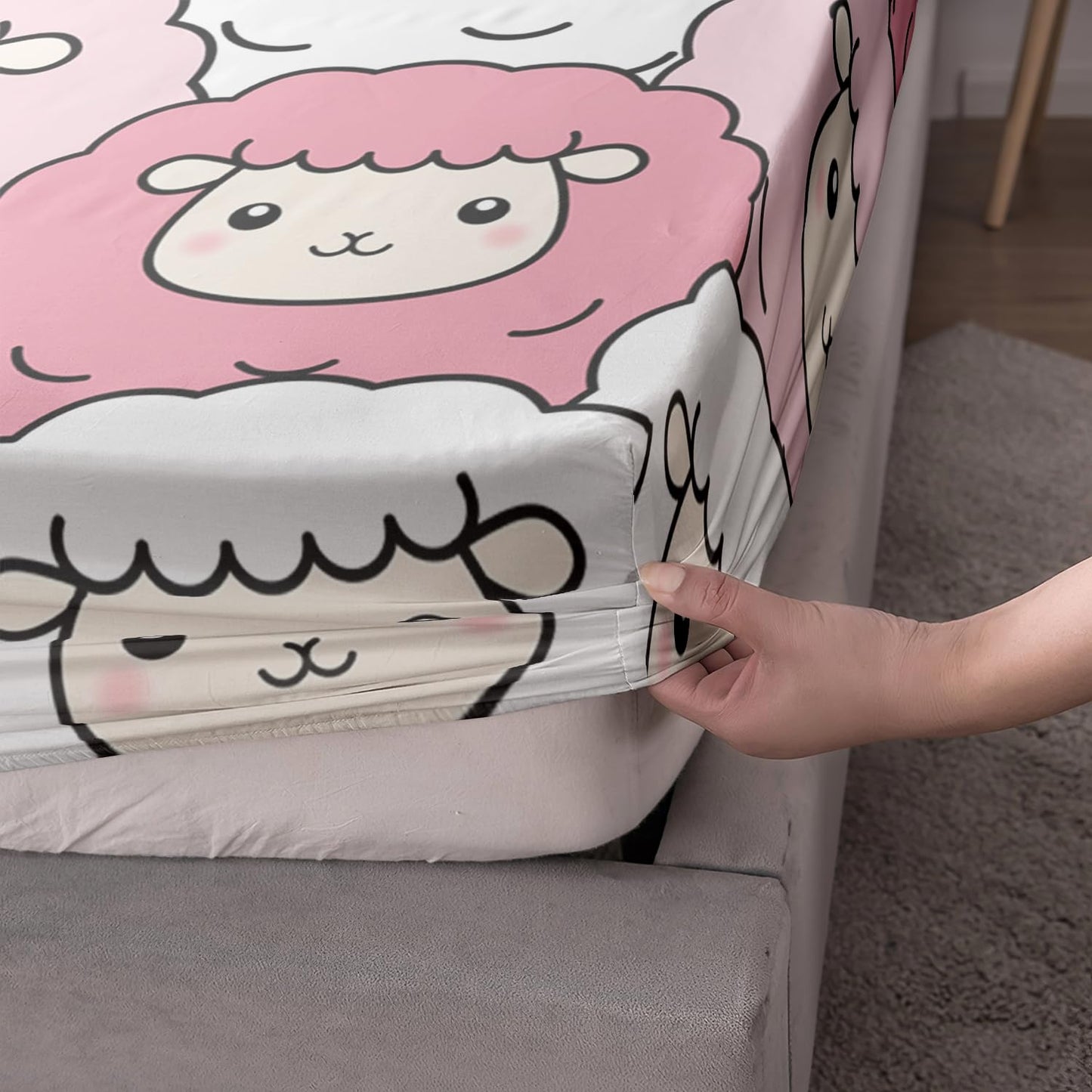 AILONEN Sheep Fitted Sheet Set Twin Size, Cute Sheep Cartoon Animal Bed Sheet Set,Pink White Kawaii Girls Sheet Set 3 Pieces, 1 Fitted Sheet and 2 Pillowcases