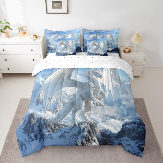 7 Pieces White Dragon Comforter Set Queen,Snow Mountain Wild Animal Bed Set for Kids Boys Girls,Western Dragon Bedding(1 Comforter,1 Fitted Sheet,1 Flat Sheet,2 Pillowcases,2 Throw Pillow Cover)