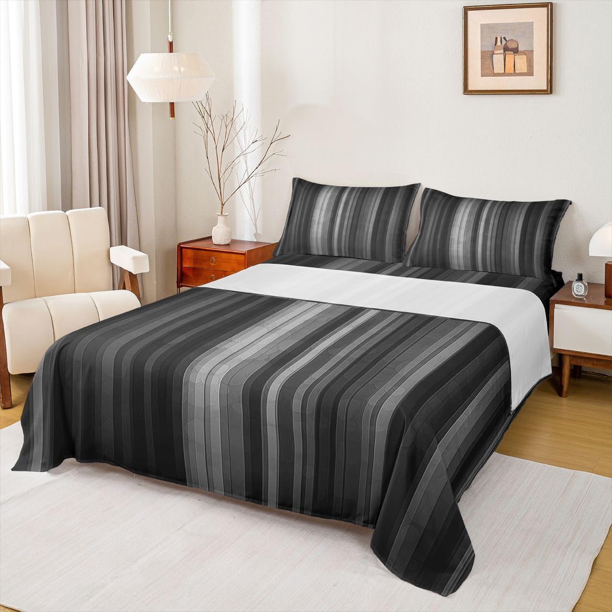 jejeloiu Modern Striped Bed Sheets Set Full Size Geometric Bed Set Black Gray Deep Pocket Fitted Sheet Gradien Breathable Soft Lightweight Microfiber