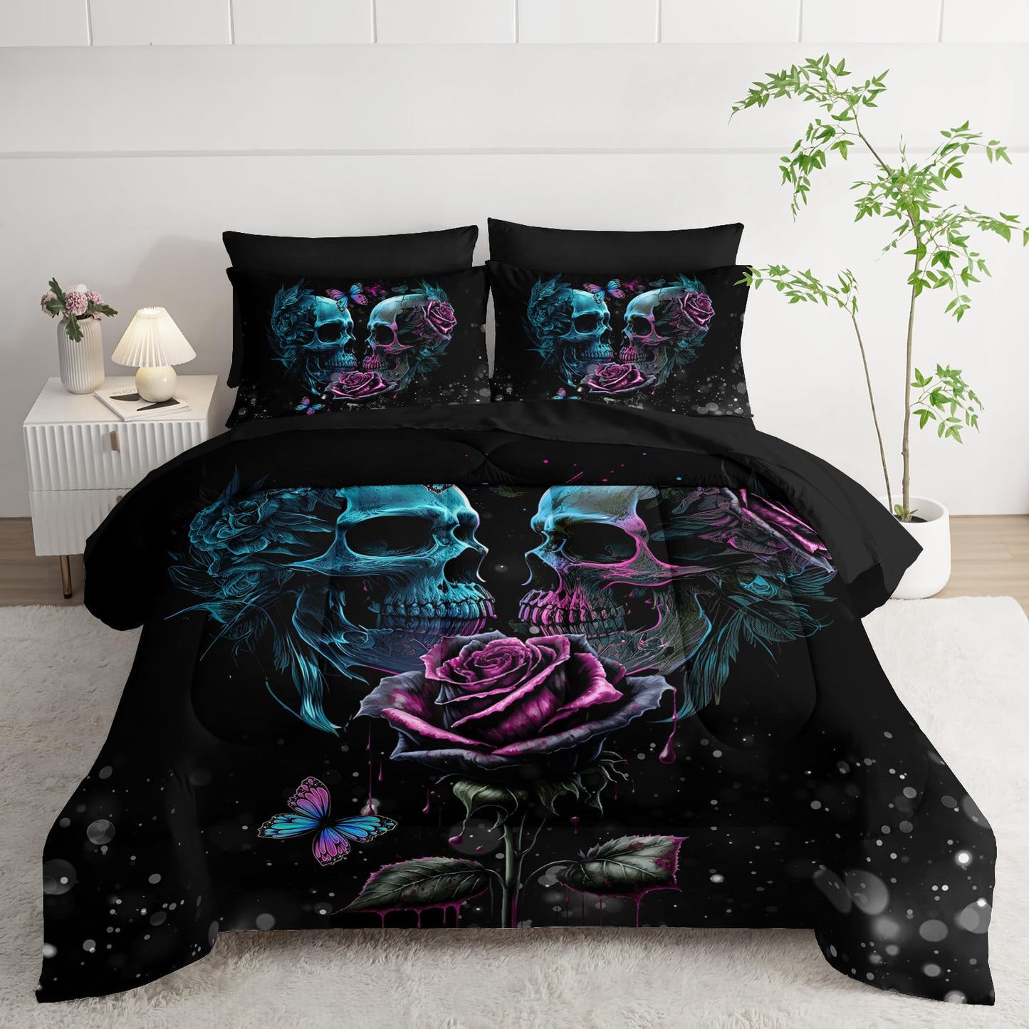 AILONEN Sugar Skull Comforter Set Twin Size,7-Piece Soft Bed in a Bag,Rose Skull Couple Black Comforter & Fitted Sheet & Flat Sheet & 2 Pillowcases,2 Pillow Shams for Bedroom