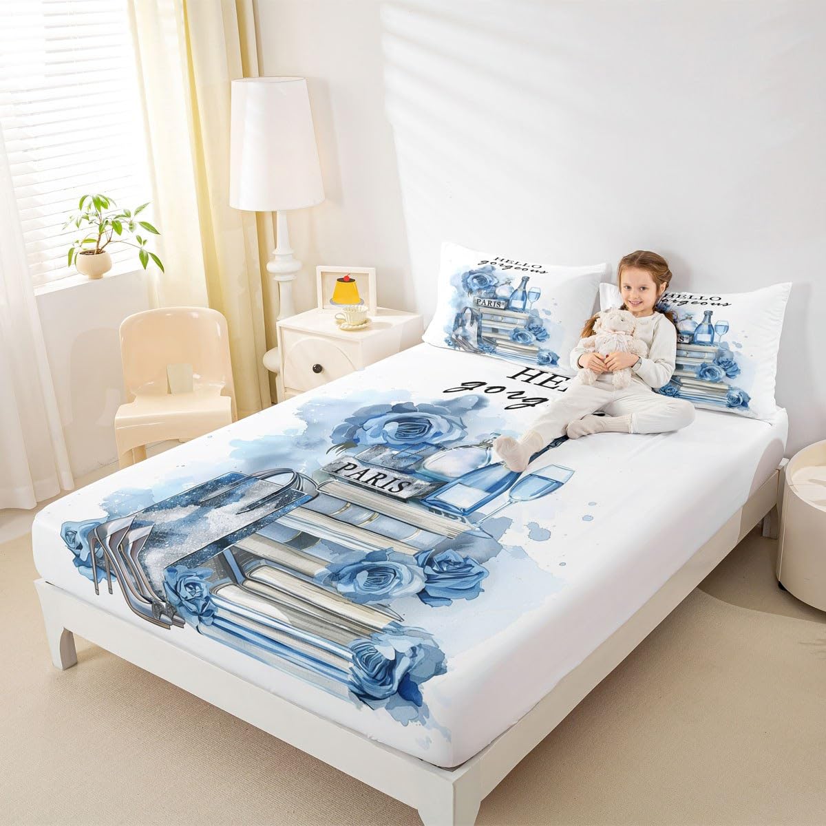 Erosebridal Girly Blue Bed Sheets King Size Silver Fashion Sheets Women Girls Teal Flower Perfume Sheet Set High Heels Champagne Magazine Books Floral Bedding Set Paris Romantic Decor
