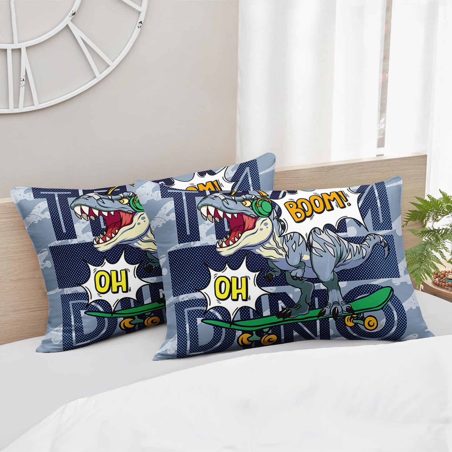 AILONEN Dinosaur Comforter Set, Twin Size, Bedding Set Decor, Music Hip Hop Dinosaur Bed in a Bag for Boys Kids - 3 Pieces Blue Comforter and 2 Pillowcases