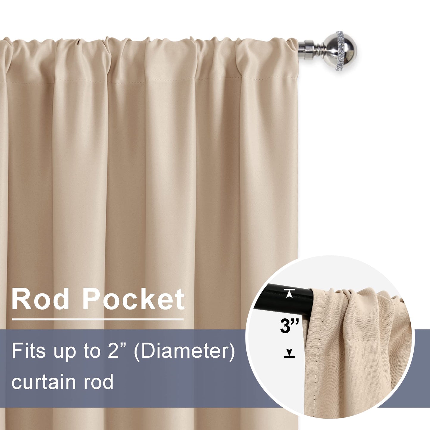 JIUZHEN Blackout Curtains for Bedroom– Thermal Insulated,Noise Reducing Room Darkening Rod Pocket Curtains for Living Room, Set of 2 Panels with Tiebacks, 42 x 63 inch Long, Beige