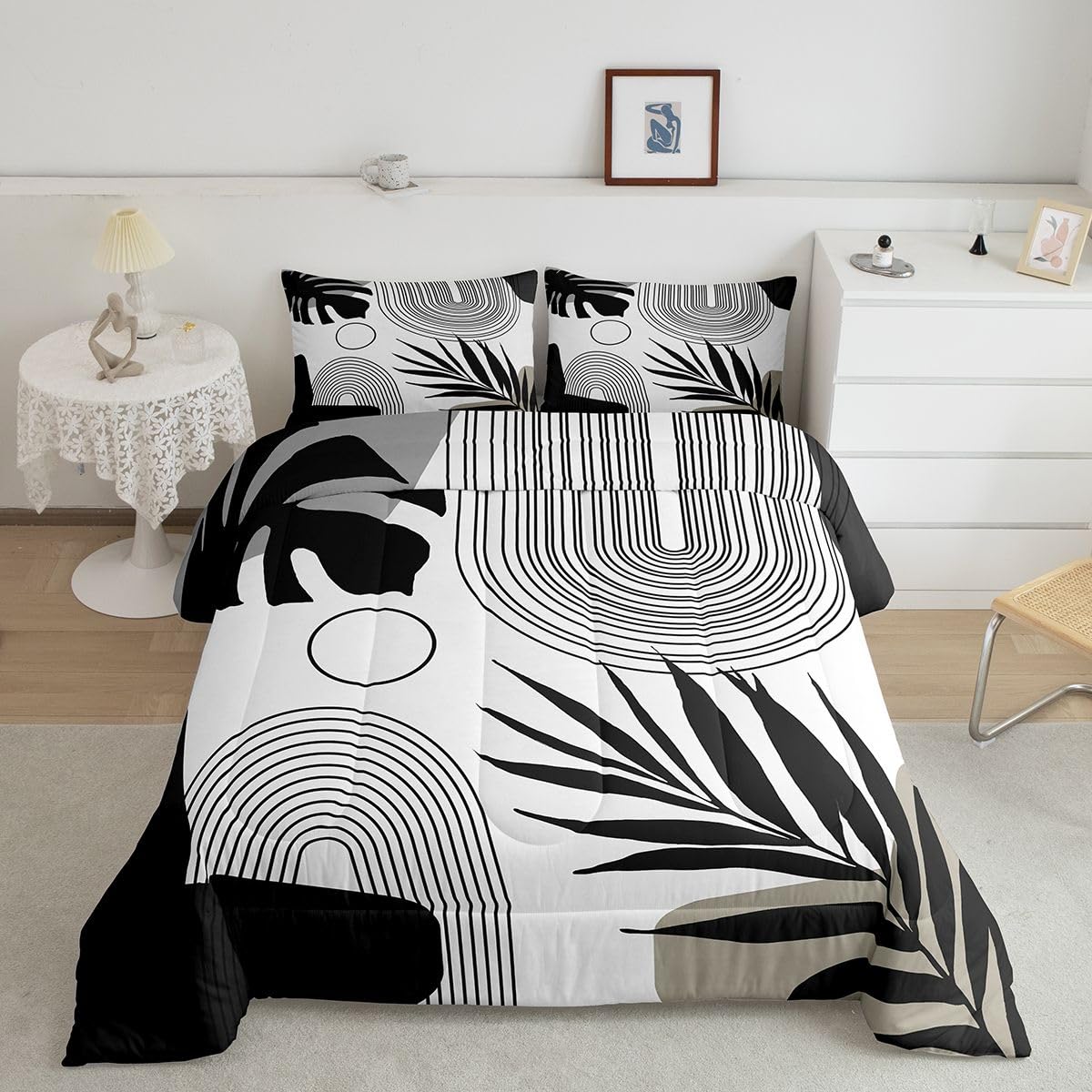 Erosebridal Boho Black White Twin Bedding Set, Mid Century Abstract Tropical Palm Leaf Comforter Set, Modern Minimalist Plant Botanical Comforter, Bohemian Geometric Art Lines Chic Duvet Insert
