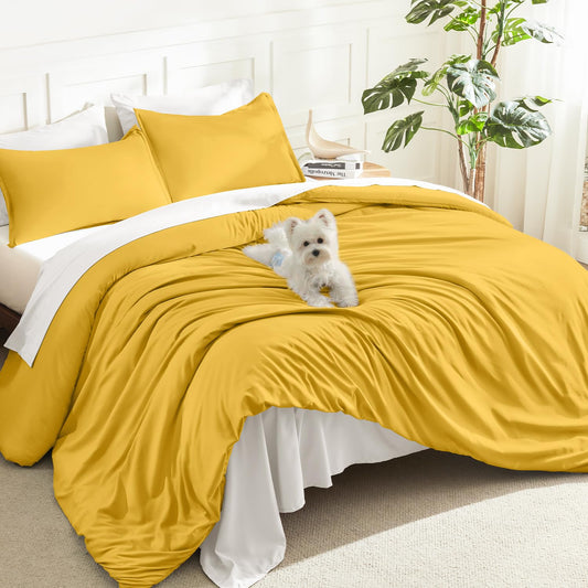 Litanika Mustard Yellow Comforter Set King Size, 3 Pieces Lightweight Solid Bedding Comforter Set, All Season Fluffy Bed Set (104x90In Comforter & 2 Pillowcases)