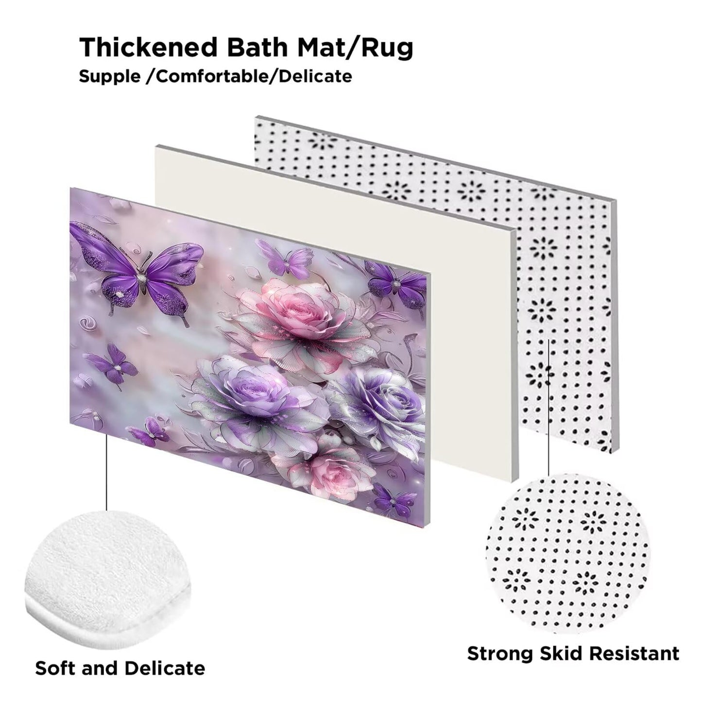 DDQQ 4Pcs Purple Glitter Floral Shower Curtain Set Bathroom Sets Butterfly Diamond Shower Curtain with 12 Hooks Bathroom Decor with Rugs Bath Accessories with Mats Toilet Lid Cover