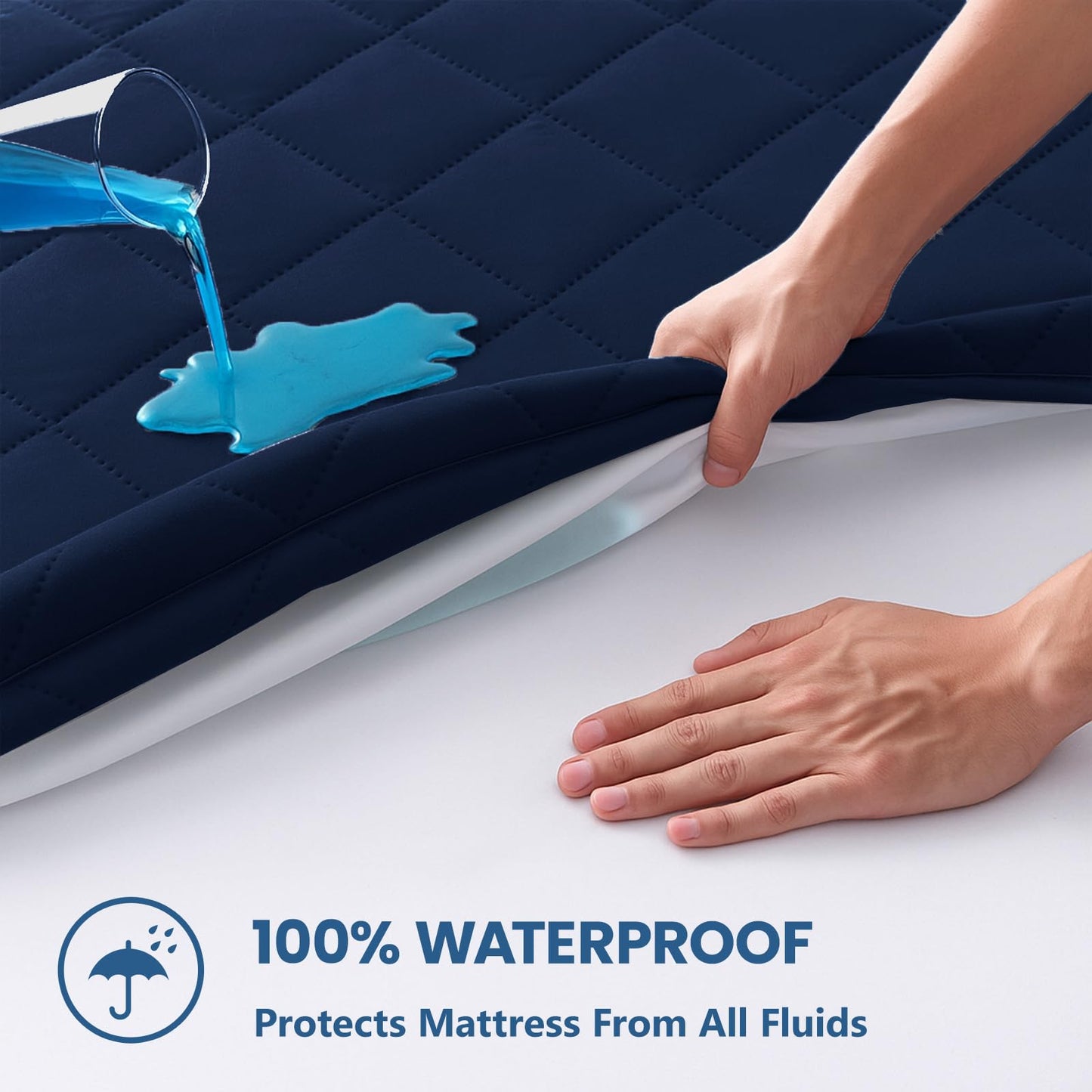 Queen Mattress Protector,Waterproof Mattress Protector Fitted Up to 16" Deep Pocket, Soft Breathable Bed Mattress Cover for Bedroom,Doom Room,(Navy Blue)