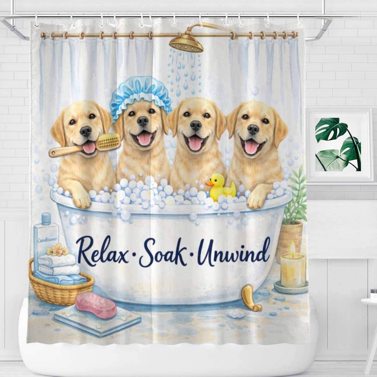 Wordatu Funny Labrador Retriever Bathtub Bath Curtain Cute Kids Pet Animal Bathroom Waterproof Shower Curtain 72x72 with 12 Hooks