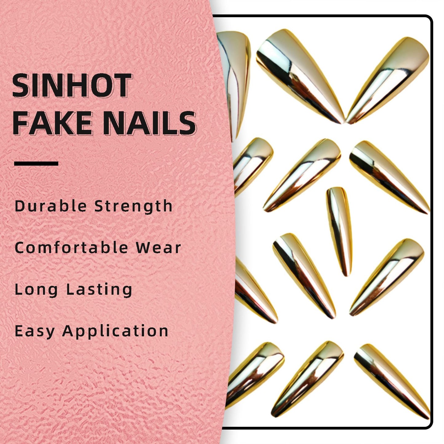 SINHOT Stiletto Press on Nails Long - Long Fake Nails, Glossy Finish, Gold Metallic & Chrome, DIY Artificial False Nail Art - 24 Pcs Nail Kit with Glue
