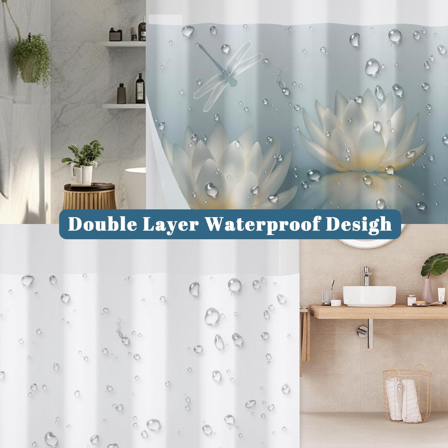 Xiazhilaio No Hook Lotus Flower Shower Curtain with Snap in Liner - 71″W x 74″L Waterproof Fabric with Mesh Top Window, Zen Floral & Dragonfly Print Bath Curtain for Modern Spa Bathroom Decor