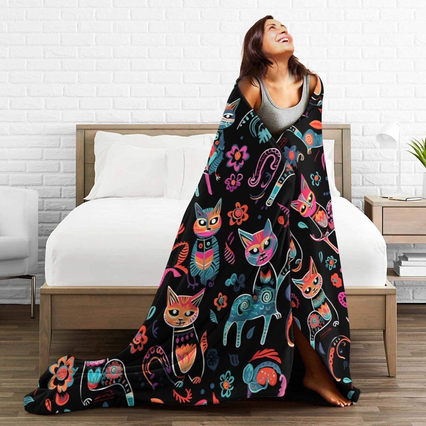 Ouqiuwa Dead Cats Floral Throw Blanket Sugar Skull Flowers Plush Microfiber Flannel Fleece Blanket 50"x40" for Bed Sofa Couch Camping Travel