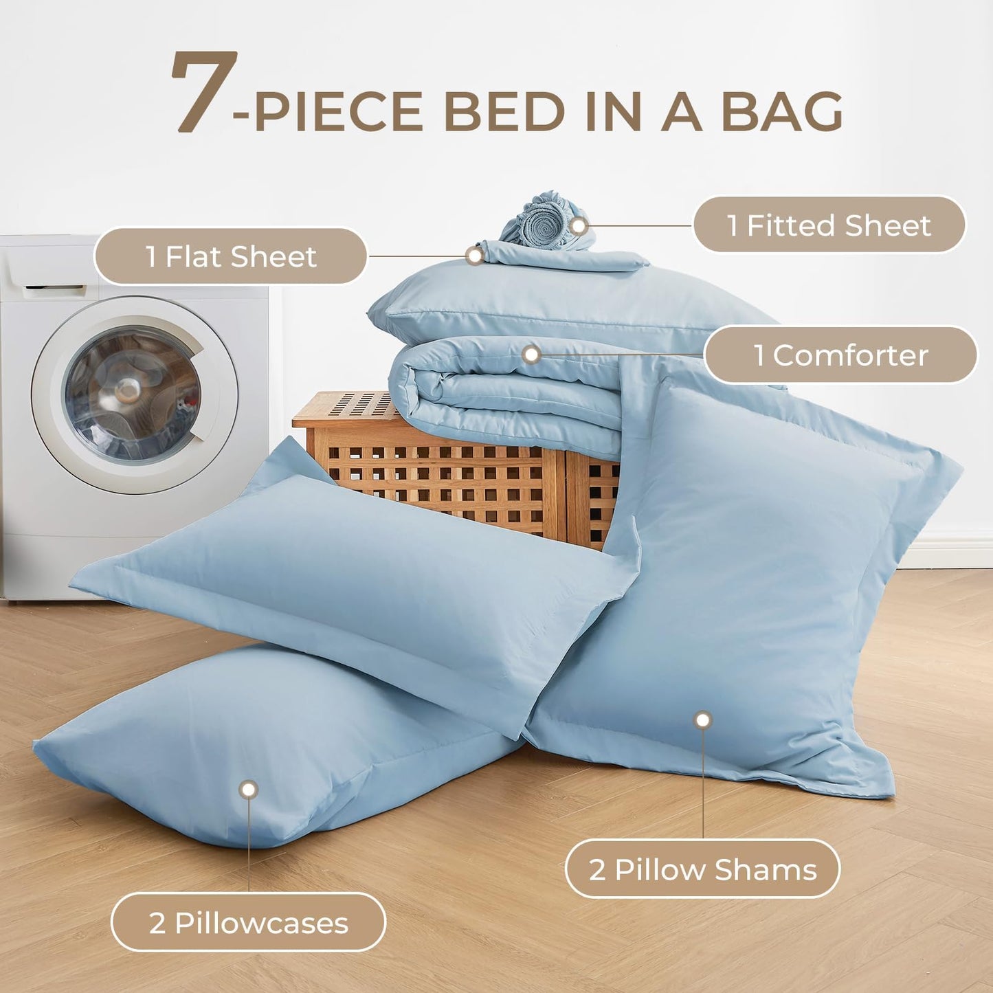 Sasttie Queen Comforter Set, 7 Pieces Bed in a Bag Queen, Complete Bedding Set Includes Comforter, Flat Sheet, Fitted Sheet, Pillowcases and Pillow Shams, Greyish Blue