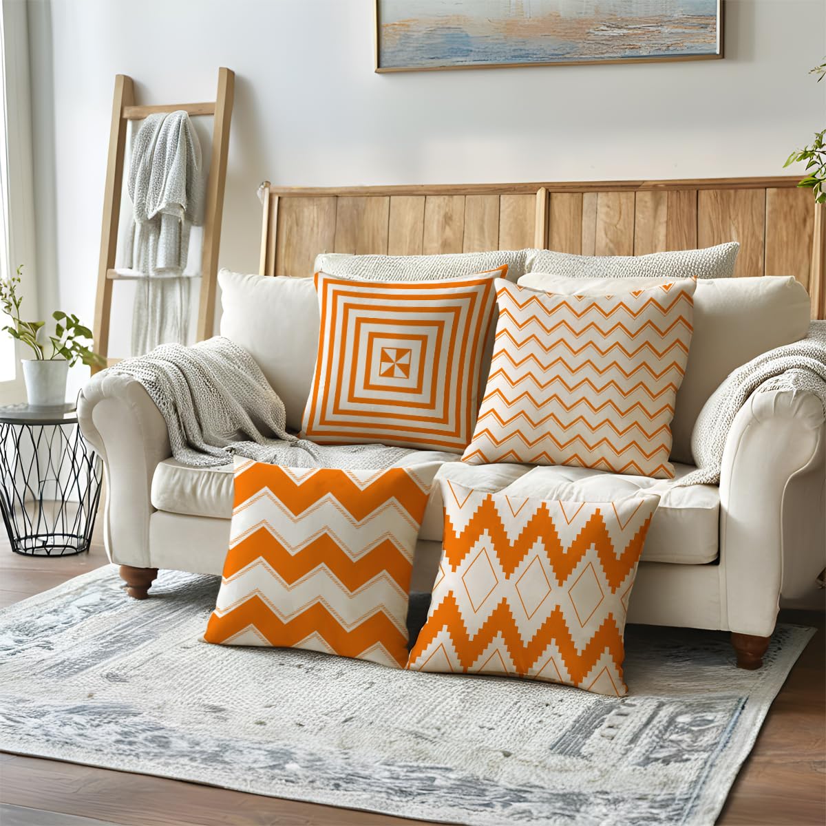 ULOVE LOVE YOURSELF Square Decorative Throw Pillows Cushion Covers Modern Geometry Print Home Pillowcases 18 X 18 Inch,4 Pack (Orange)