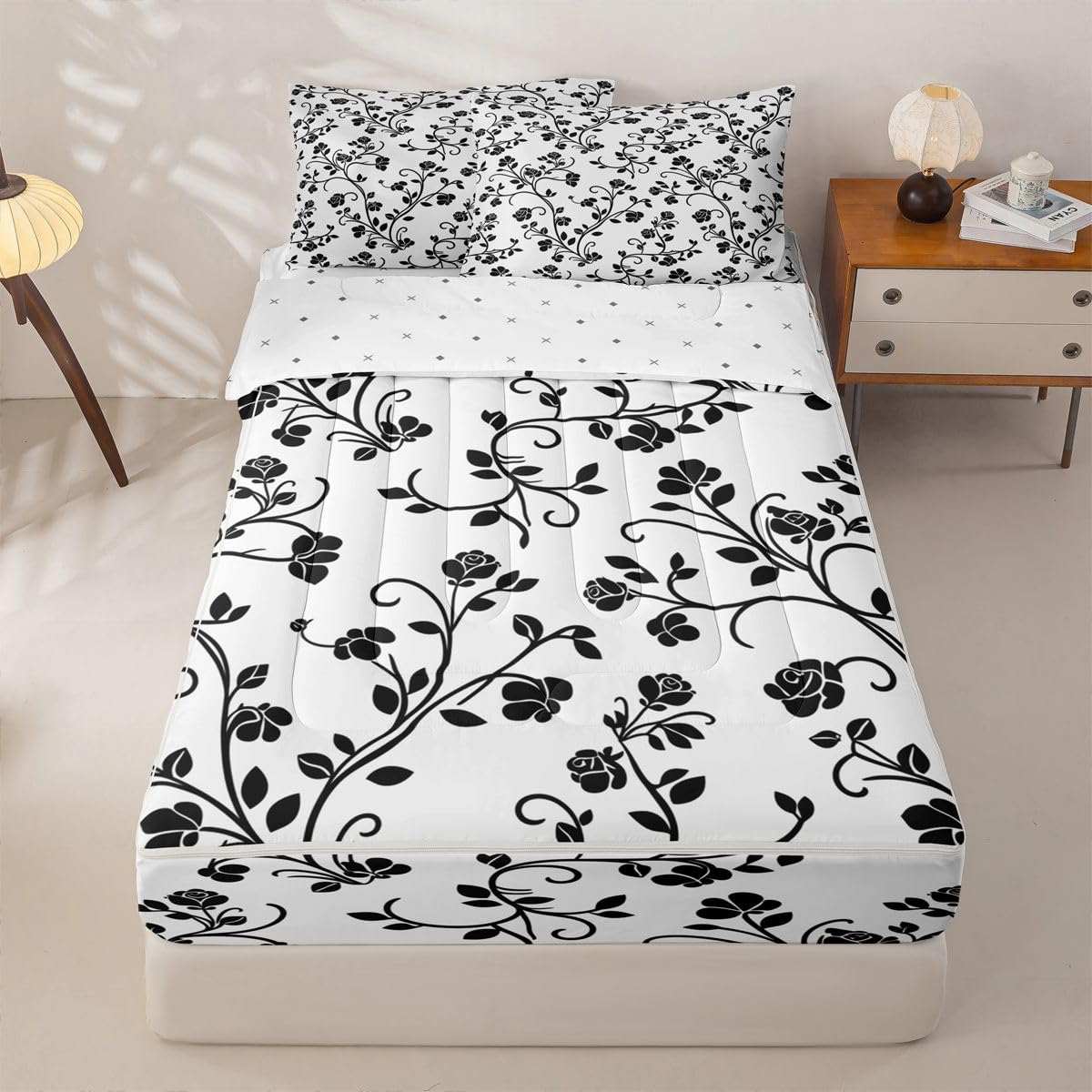 jejeloiu Retro Black White Rose Comforter Set Queen Size Zipper Bedding Set for Girls Boys Floral Comforter with Fitted Sheet, Pillowcases Botanical Flowers Zipper Bedding Soft Breathable Bed in a Bag