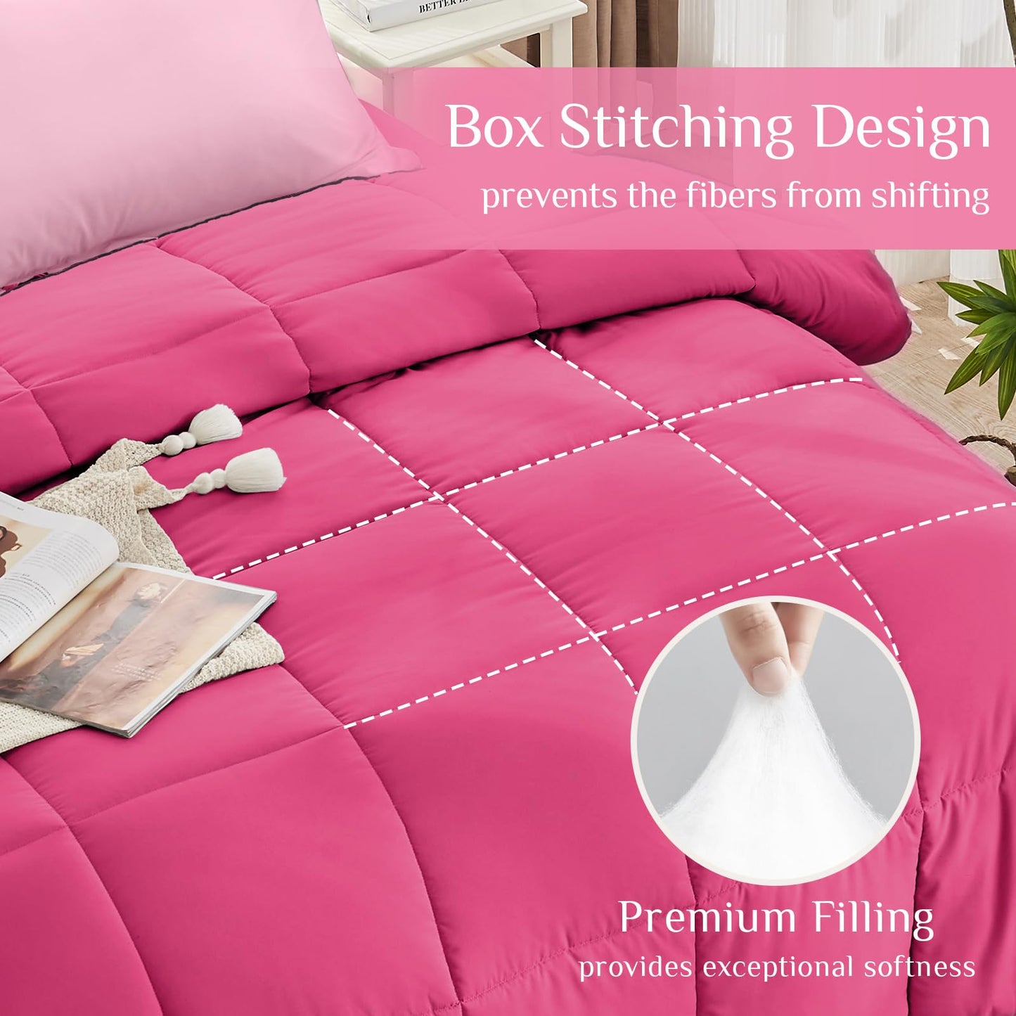 JOLLYVOGUE Queen Comforter Set, Ultra-Soft Bed in a Bag Queen Size 7 Pieces, Oeko-TEX Certified Bedding Set with Down Alternative Comforter, Sheets, Pillowcases & Shams, Hot Pink & Baby Pink