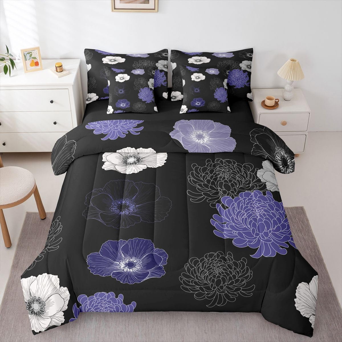 Feelyou Floral Flower 7 Piece Bedding Set Black Purple Comforter Set with Sheets for Kids Boys Girls Poppy Flower Hydrangea Bed in a Bag Damask Print Bed Set Soft Lightweight