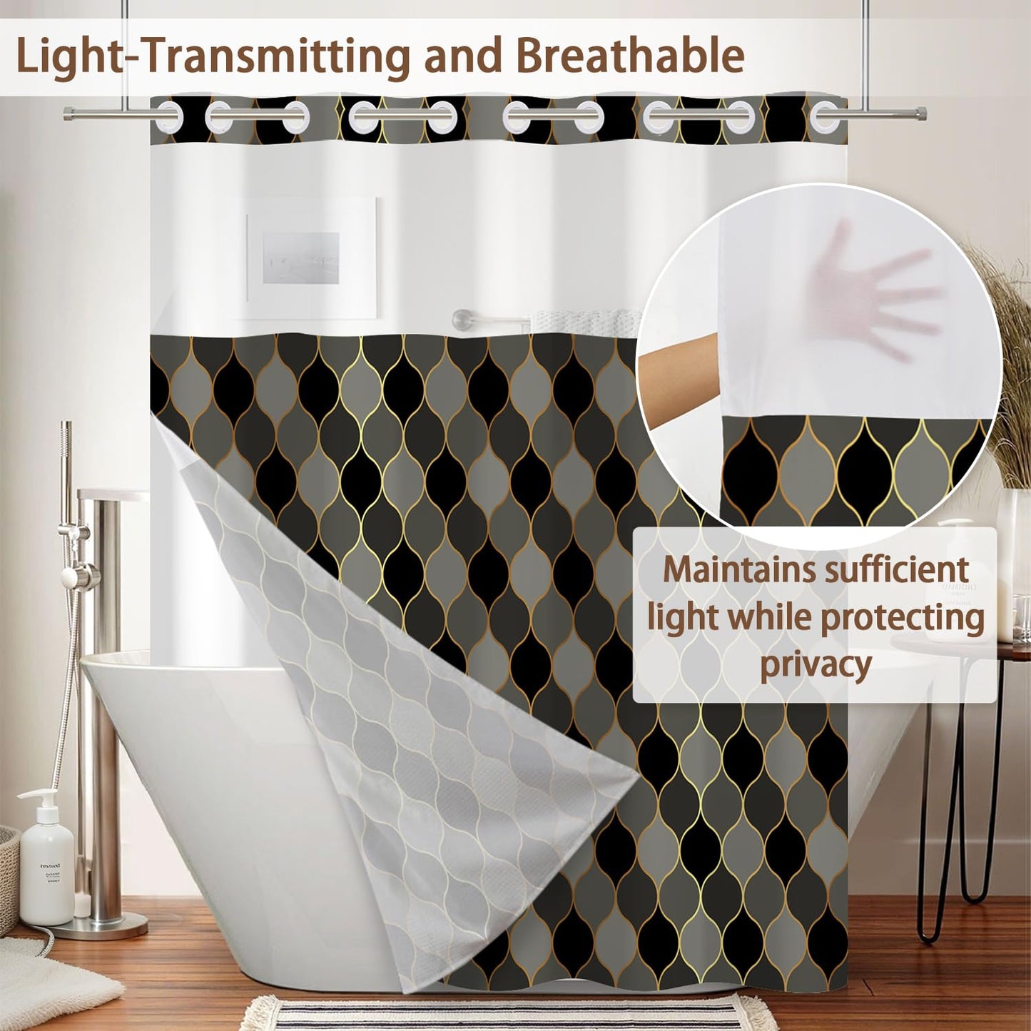 NAEMBCU No Hook Geometric Shower Curtain and Liner Set 71 x 74 Inches