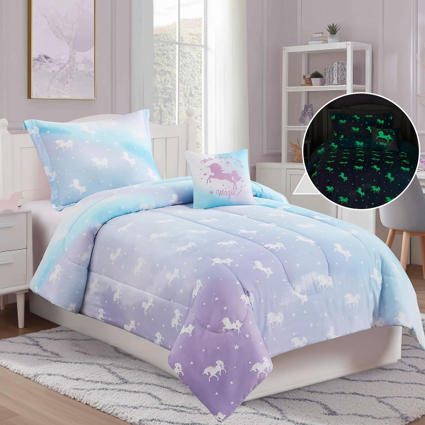 Wink Deer Twin Comforter Set for Girls-3 Pieces Unicorn Glow in the Dark Twin Bedding Sets for Kids,1 Comforter,1 Sham and 1 Decor Pillow