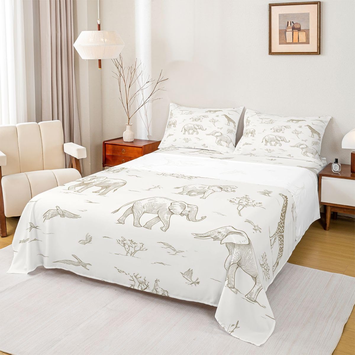 Erosebridal Jungle Animals Sheet Set Full Elephant Lion Giraffe Animal Bed Sheets for Kids Boys Girls Cartoon Kawaii Flat Fitted Sheet Hunter Brown Rust Wildlife Sheets 3 Pcs