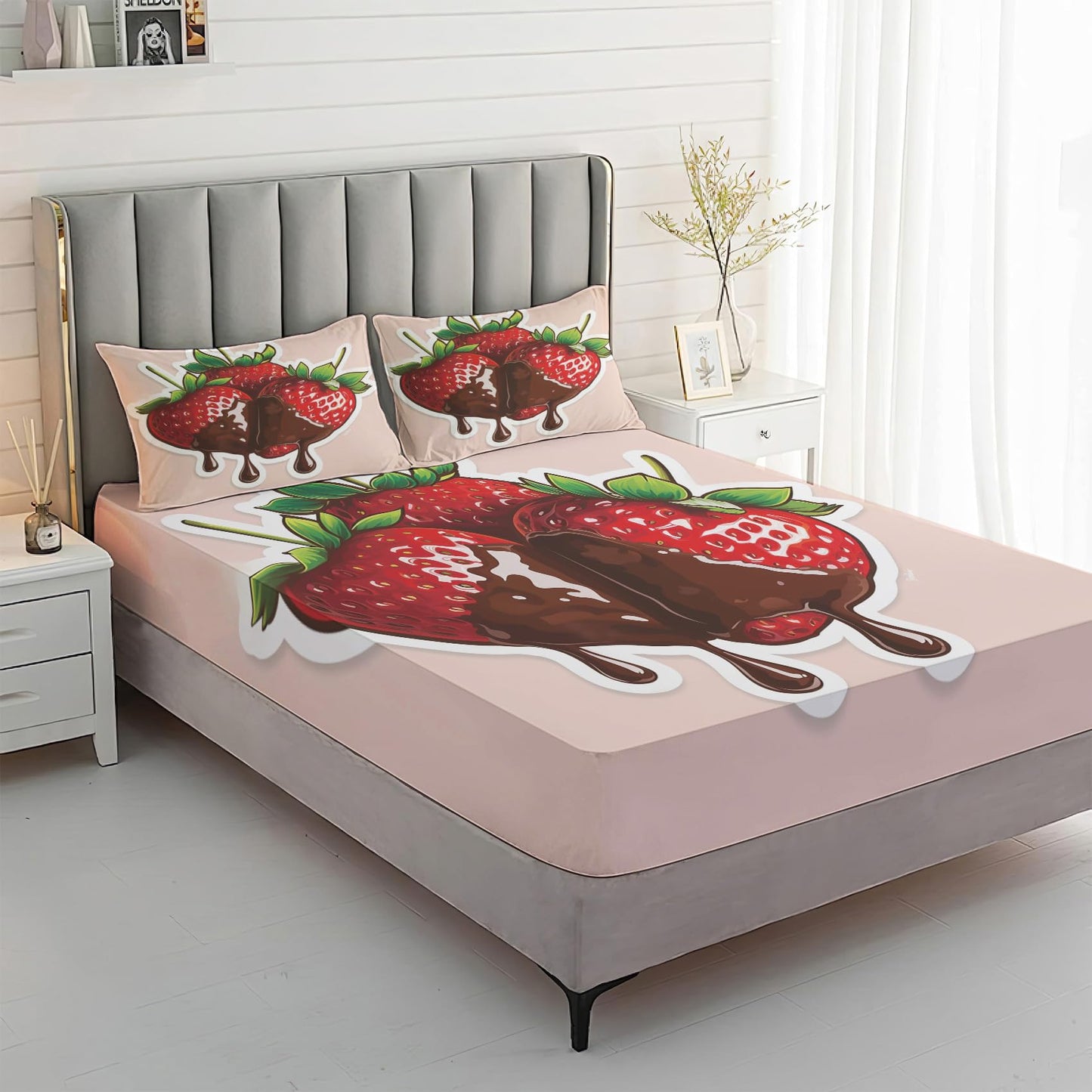 Rejkxyw King Size Sheets Set Cartoon Strawberry - Fruit Bed Sheets - Strawberries Sheet Set - 12 Inch Deep Pocket - Ultra Soft Winkle Free Microfiber Bedding Sheets & Pillowcases 4 Piece