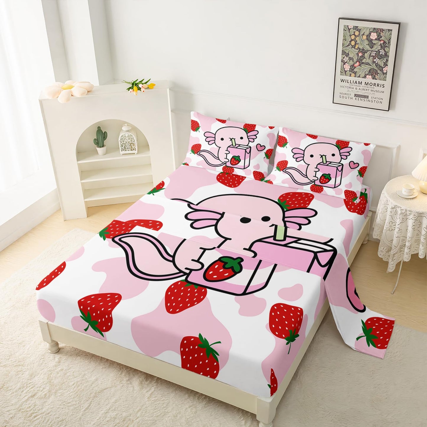 QOOMO Cartoon Axolotl Bedding for Boys and Girls Pink Cow Print Kids Sheets Set Strawberry Milk Breathable Room Decoration Twin Size 1 Fitted Sheet, 1 Flat Sheet, 2 Pillow Cases