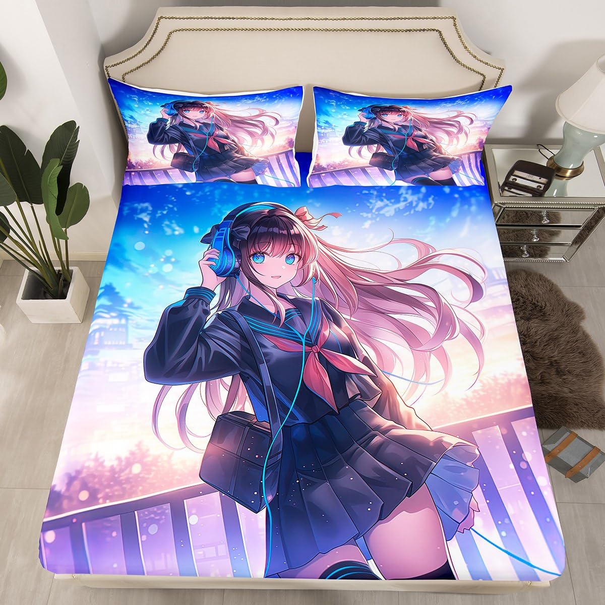 Erosebridal Anime Girl Bed Sheets Queen Size, Japanese Anime Fitted Sheet Top for Kids Boys Teens Bedroom Decor, Cartoon Girl Sheet Set Kawaii Japanese Animation Bedding Set with 2 Pillow Cases
