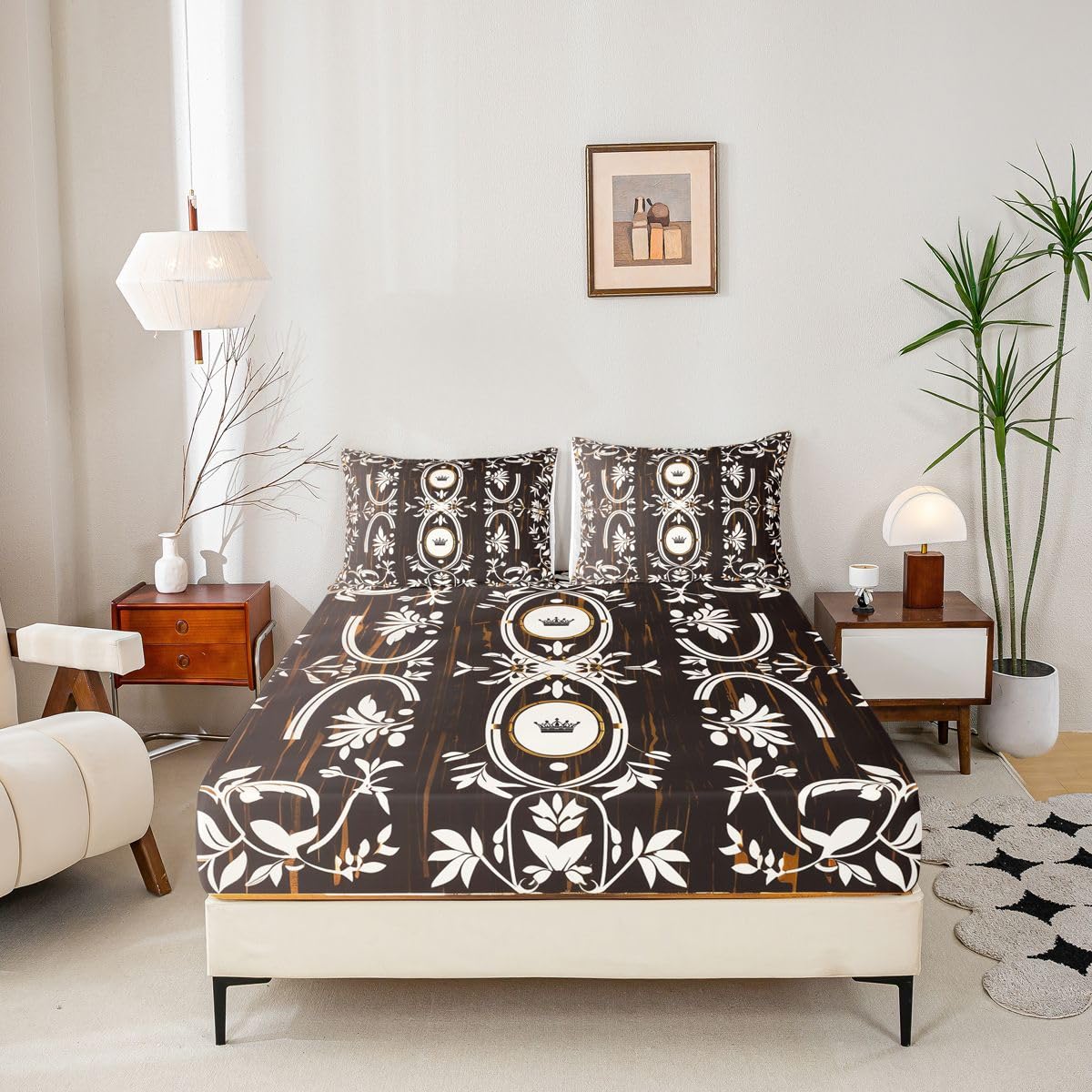 Erosebridal Black Gold Crown Bed Sheets Set Full Vintage Boho Floral Sheet Set Bohemian Exotic Goth Sheets Farmhouse Wooden Flat Fitted Sheet