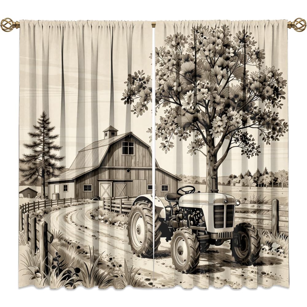 KuracleGH Rustic 70s Farm Tractor Curtains-Vintage Western Farmhouse Old Truck Rod Pocket Back Tab Window Drapes,Cabin Harvester Barn Thermal Insulated Blackout Curtain,2pcs,Each 21“W x 45”L
