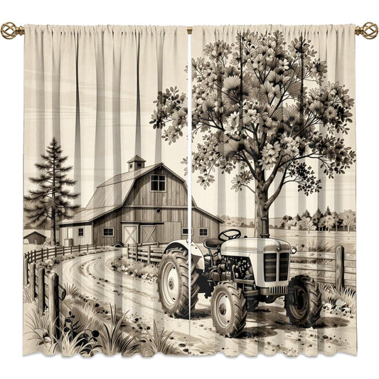 KuracleGH Rustic 70s Farm Tractor Curtains-Vintage Western Farmhouse Old Truck Rod Pocket Back Tab Window Drapes,Cabin Harvester Barn Thermal Insulated Blackout Curtain,2pcs,Each 21“W x 45”L
