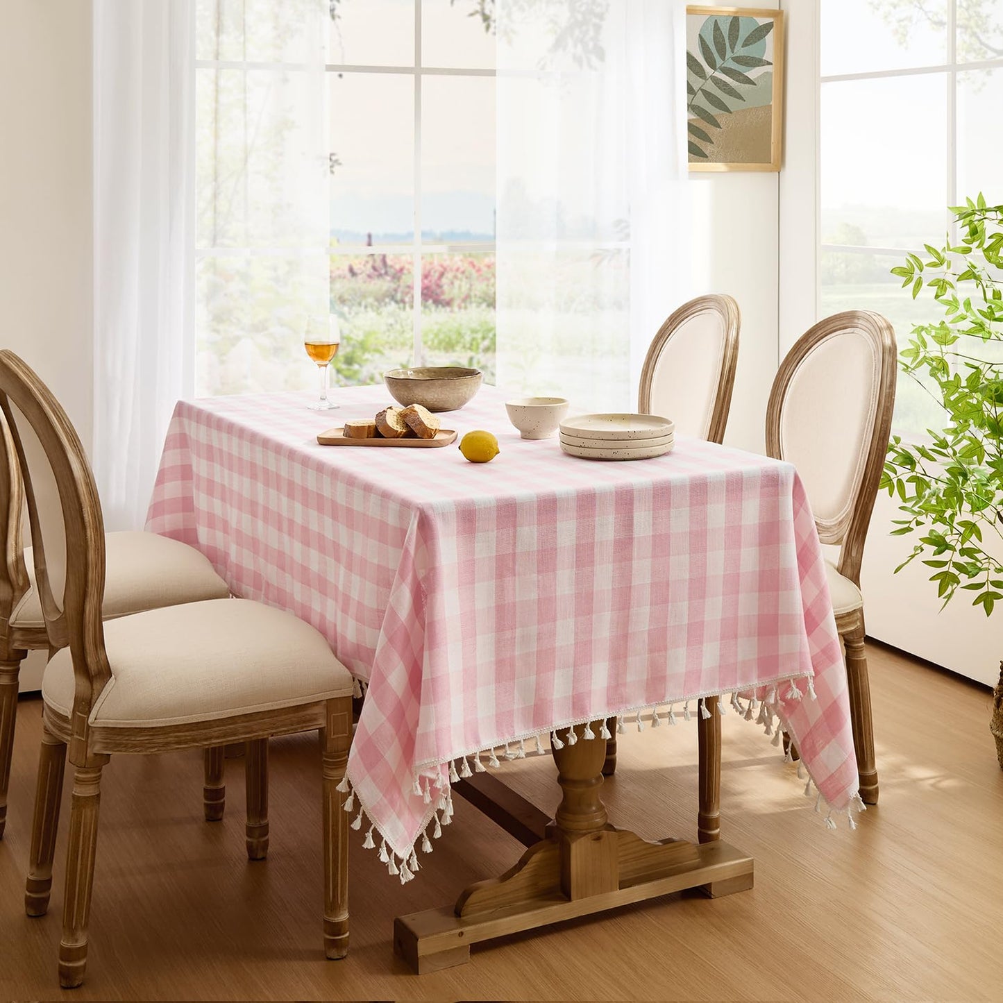 Softalker Pink Gingham Tablecloth Rectangle, Outdoor Linen Cotton Checkered Table Cloth with Tassel, Heavy Duty Wrinkle Free Buffalo Plaid Table Cover for Kitchen Dining Home Party - 55 x 84 Inch