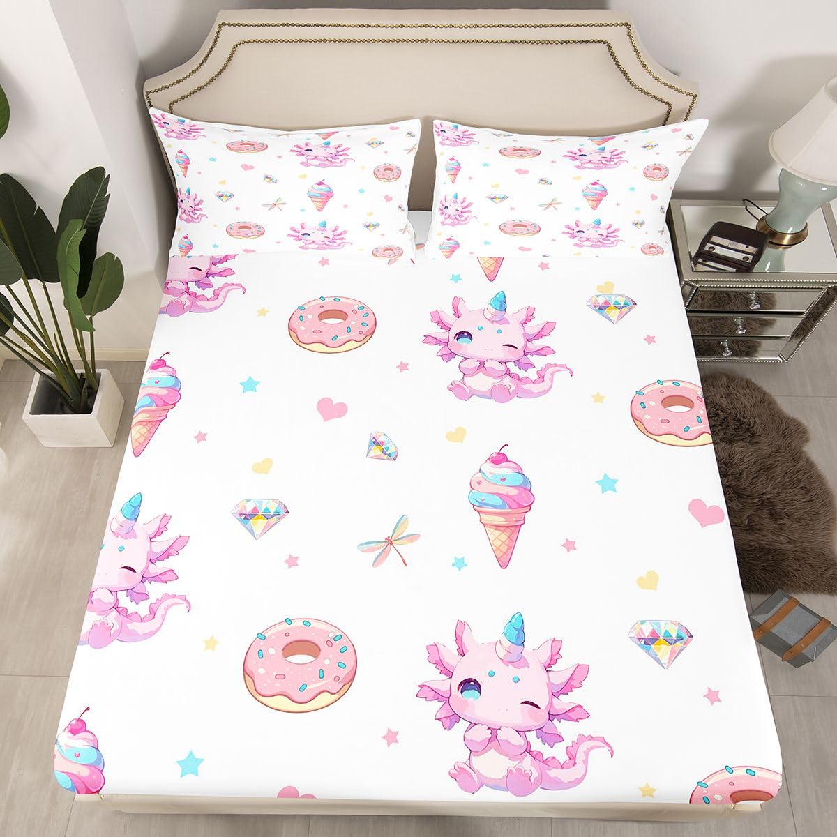 Castle Fairy Cartoon Dinosaur Fitted Sheet Queen Size (No Flat),Donut Ice Cream Bedding Sets 3Pcs,Girls Boys Adult Room Decor,Love Heart Bed Cover Diamond Dragonfly Deep Pocket Sheet,2 Pillowcases
