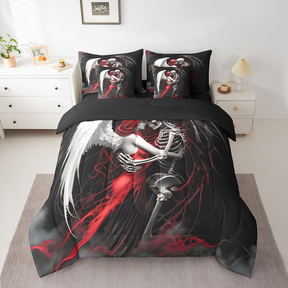 Erosebridal Gothic Skull Couple Bed in A Bag Full Size,Valentine's Day Comforter Set Skull Skeleton 7 Piece Bedding Set Red Black Angel Skeleton Sheet Set with Comforter for Men Women Room Decor