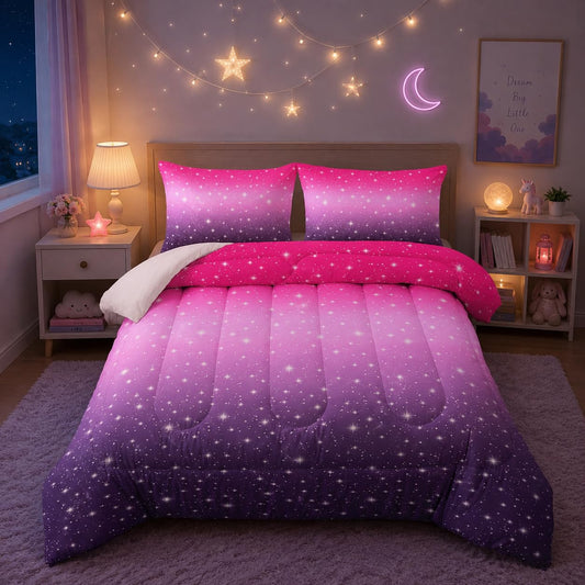 Nttopship Pink Purple Glitter Comforter Set Twin Size 3 Pieces Bed in A Bag for Teen Girls,Pink Violet Gradient Bedding Set,Rainbow Colorful Tie Dye Bedroom with 1 Comforter and 2 Pillowcases