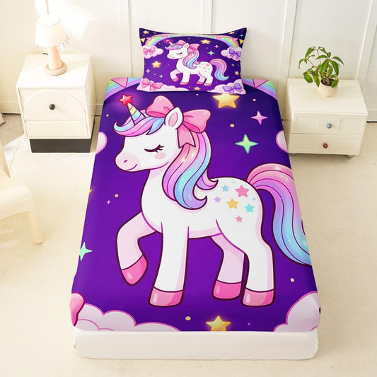 Feelyou Cute Unicorn Fitted Sheet Twin Size for Kids Boys Girls Pink Bow Bed Sheets Set 16" Deep Pocket Soft Breathable Princess Unicorn Bedding with 1 Pillowcase Dreamy Horse Room Decor