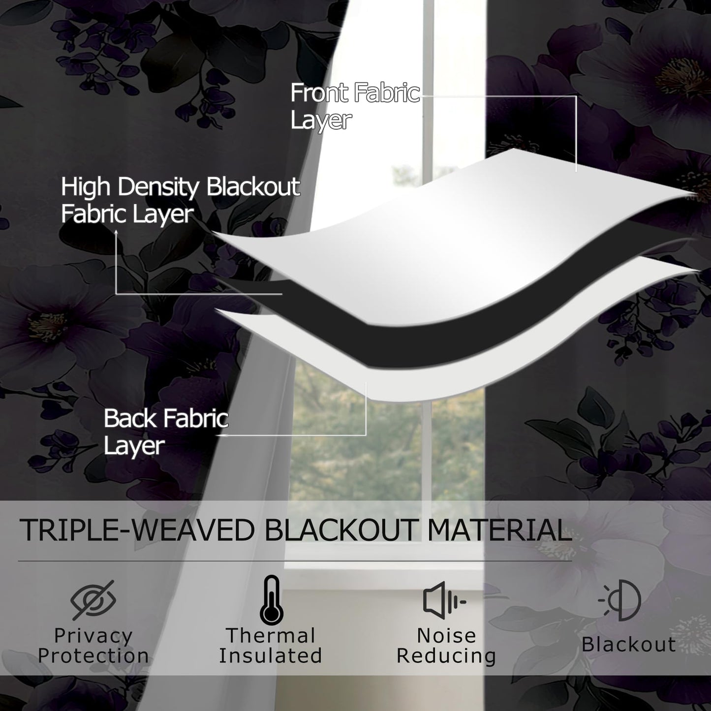 Solvivae Floral Curtains 54 Inch Length, Purple Floral Flowers Botanical Blackout Curtains for Bedroom Living Room, Room Darkening Thermal Insulated Grommet Drapes, Patterned Window Treatments