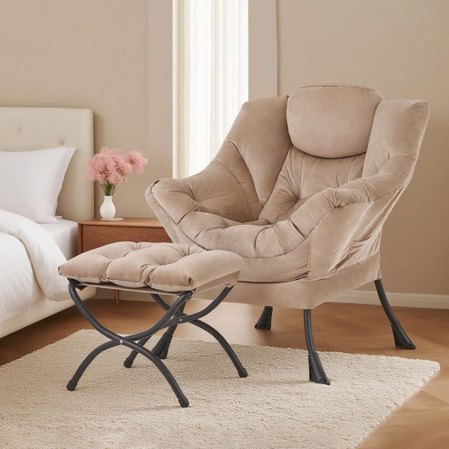 Tiita Lazy Chair with Ottoman, Khaki Modern Large Accent Chair, Comfy Leisure Sofa Armchair with Ottoman, Reading Chair with Footrest for Bedroom, Living Room, Dorm Rooms, Velvet Khaki