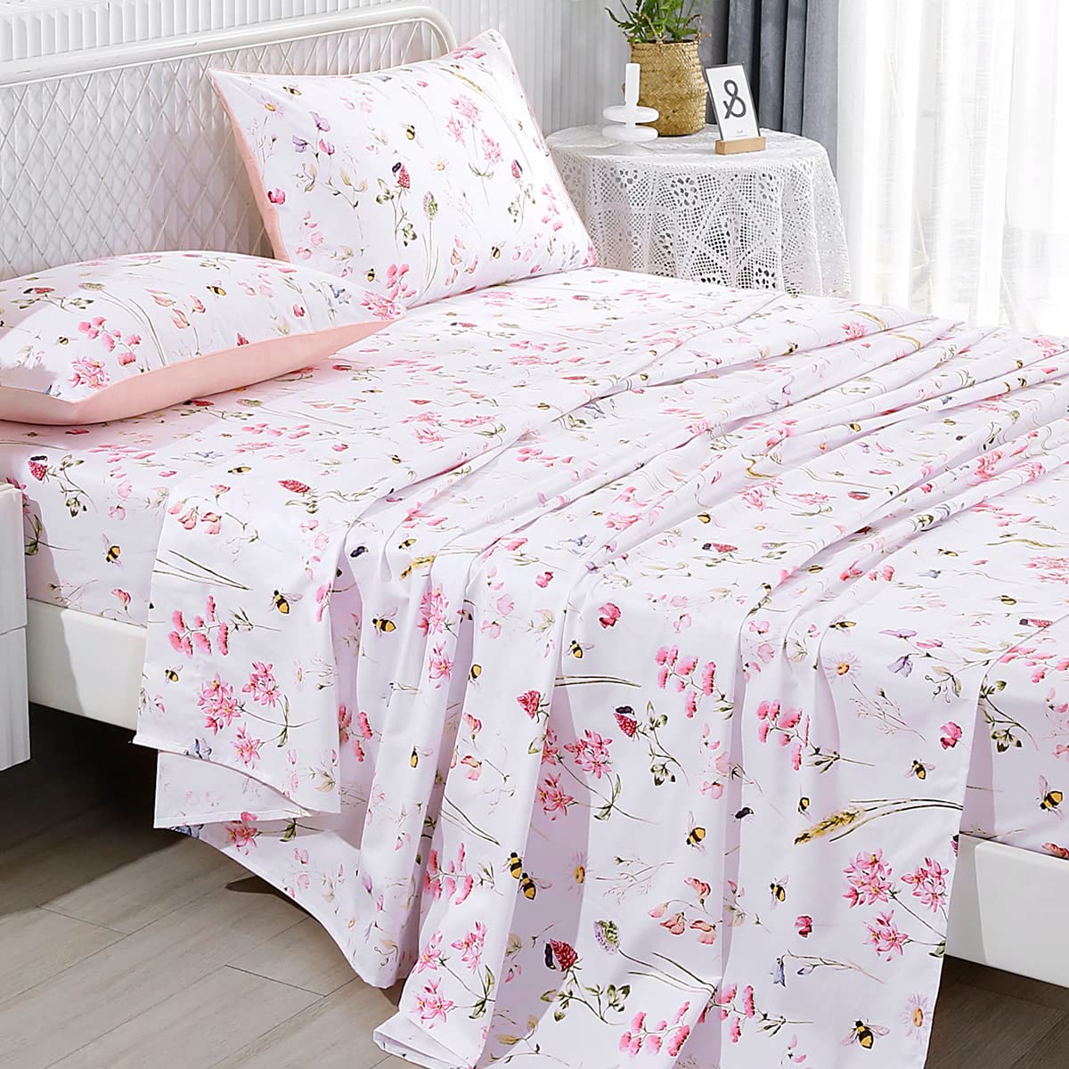 URBONUR Garden Floral Sheets 4 Piece Pink Bees Print Luxury 100% Cotton Bed Sheet Set - Silky & Smooth Bed Set for All Season Bedoom Decor Home Collection (4pcs, Queen, Pink Floral Bee)