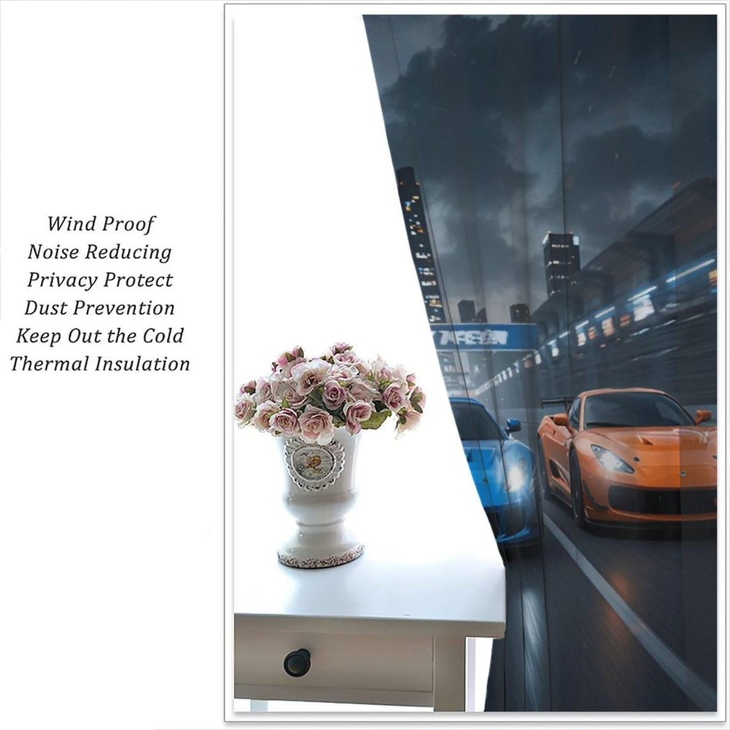 Nsbul Speed Racing Curtain, High-Speed Night City Extreme Sport Cars Cool Design Window Drapes for Kids Boys Bedroom Living Room, 42" W X 45" L (No Blackout)