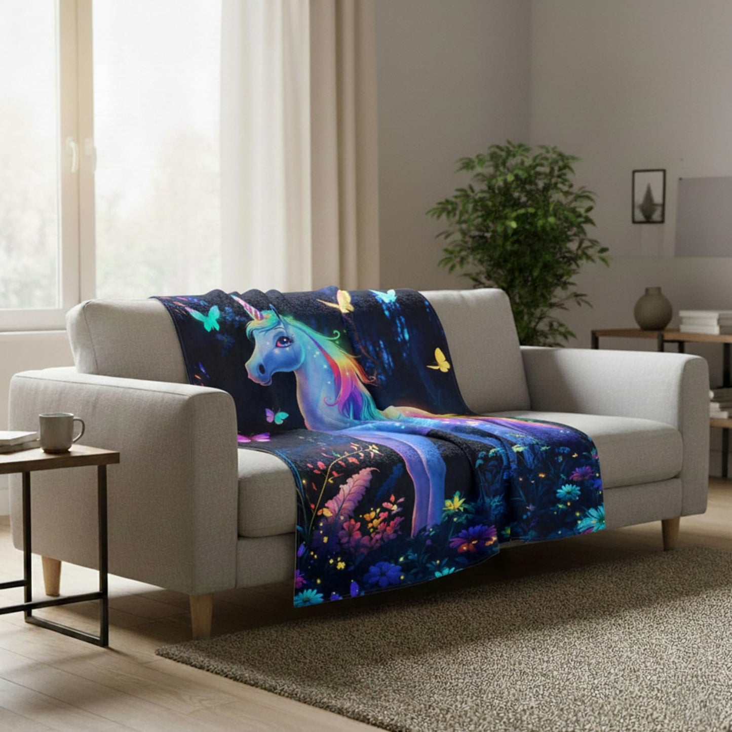 kampdream Unicorn Flannel Blanket, Enchanted Forest Dream with Rainbow Mane and Tail Butterfly Surrounded Super Soft and Warm for Couch Sofa Living Room Ideal Gift for Girls Teens 50×60 inch