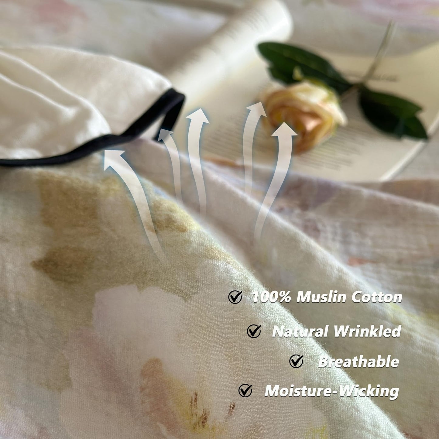 VM VOUGEMARKET Muslin Cotton Duvet Cover Queen Chic Floral Duvet Cover with Romantic Ruffles Soft Linen Like Gauze Comforter Cover with Zip Closure and Corner Ties- 90"x90"