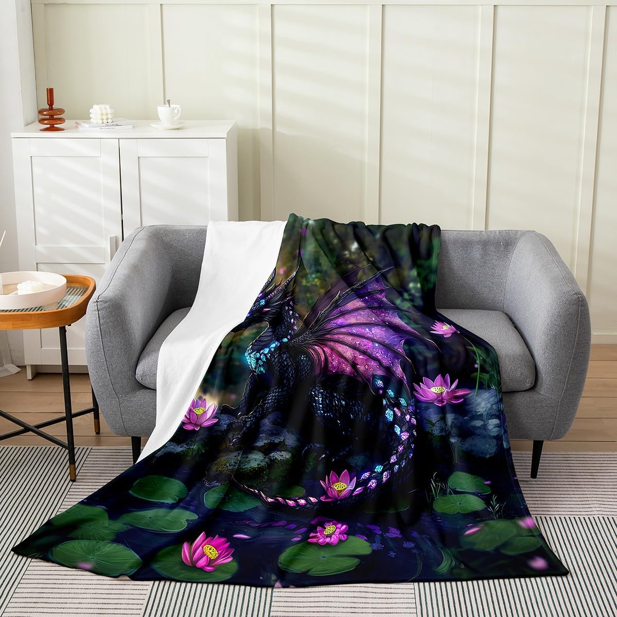 Feelyou Dragon Plush Throw Blanket Queen 90"x90" Dragon Stuff Flannel Fleece Blanket for Boys Girls Teens Wild Life All Season Bed Blanket Lotus Flower Blanket Room Decor Green Purple