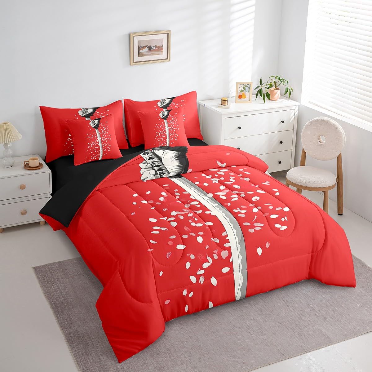 Erosebridal Samurai Sword Comforter Set Twin,Cherry Blossom Bedding Set 7Pcs for Kids Boys Men,Red White Flower Floral Bed in a Bag