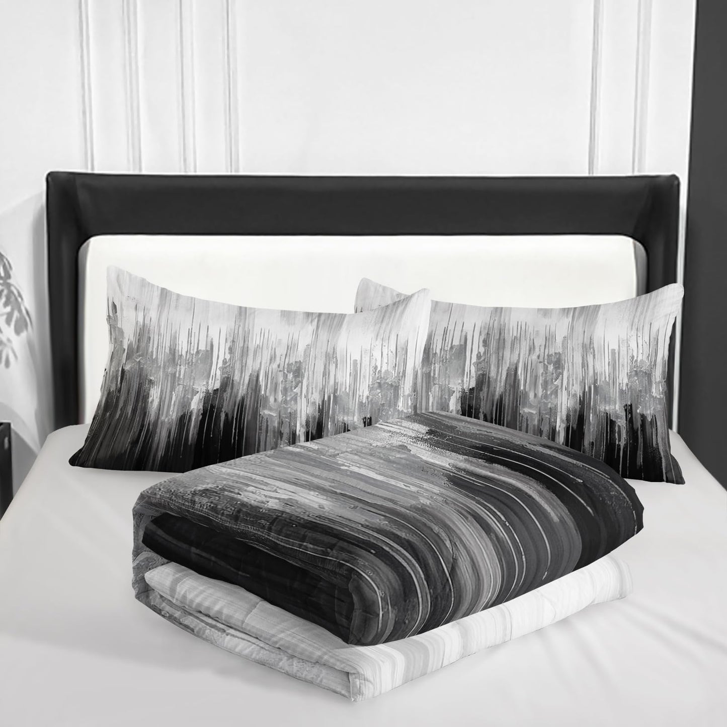 Nttopship Grey Black White Gradient Print Comforter Set King Size,Abstract Art Bedding Set,Patchwork Printed Quilted Set for Teens Adult,with 1 Comforter and 2 Pillow Case