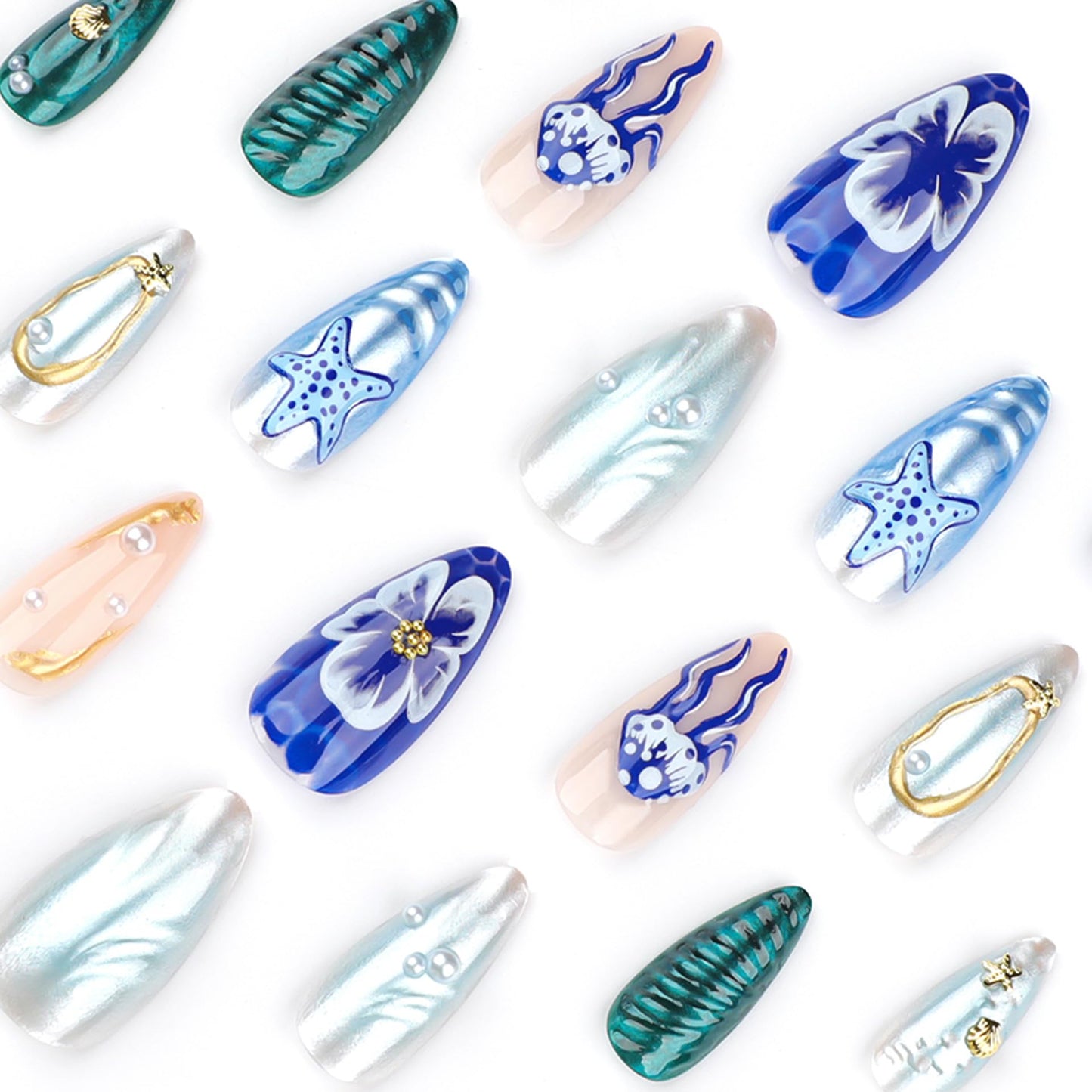 IMSOHOT Press on Nails Almond Medium Fake Nails Glossy Full Cover Blue Chrome False Nails with 3D Sea Star & Medusa Designs Artificial Glue Stick on Nails for Women Girls 24Pcs