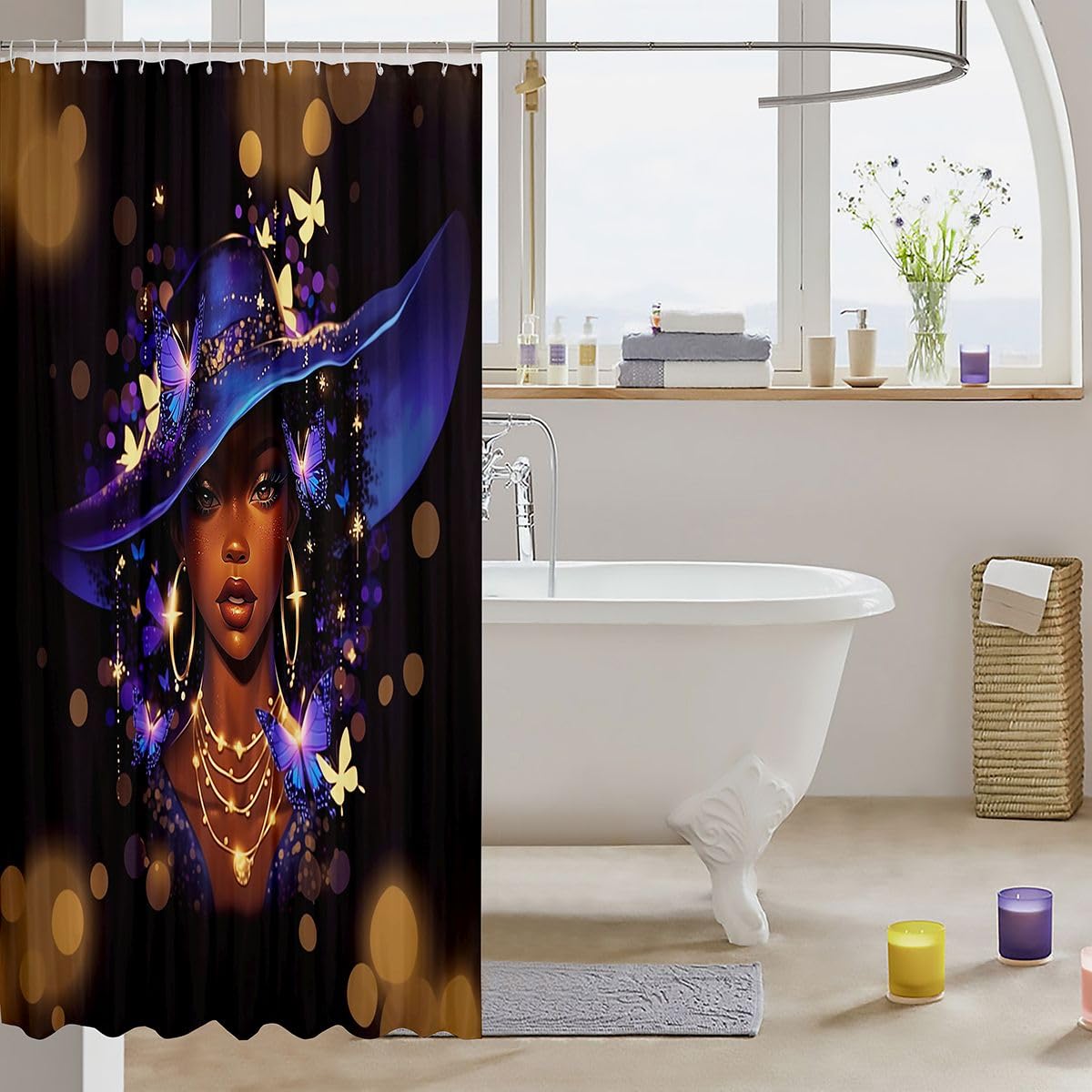 Erosebridal Black Girls Magic Shower Curtain Blue Witch Hat Bath Curtain Women Teen Vibrant Butterfly Bathroom Accessories Stylish Luxury Gold Art Fabric Shower Curtains 72" Wx72 L