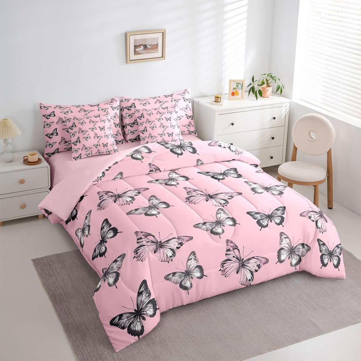 Erosebridal Butterfly Silhouette 7 Piece Bedding Set Twin Black Wild Animal Comforter Set with Sheets Pink Tie Dyed Bed in a Bag Nature Butterfly Animals Bed Sets Comforter